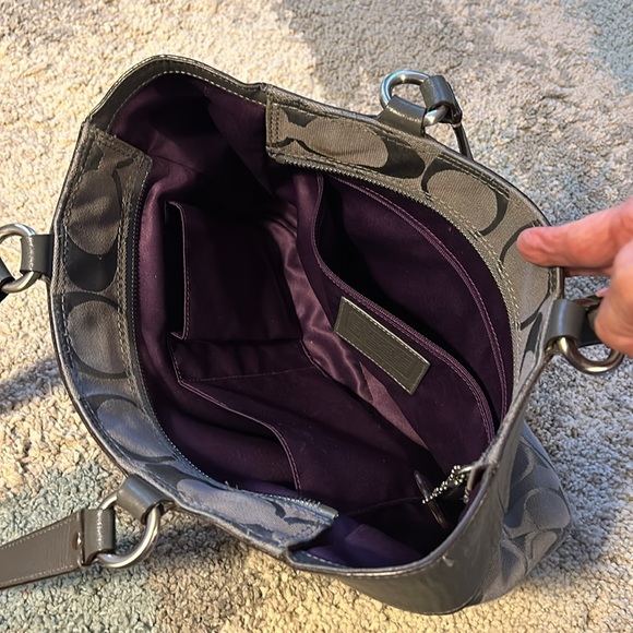 Gray Coach bag with purple lining. Gently used. 11h x 9w x 4w x 2.5. Straps, 19” - Picture 3 of 6